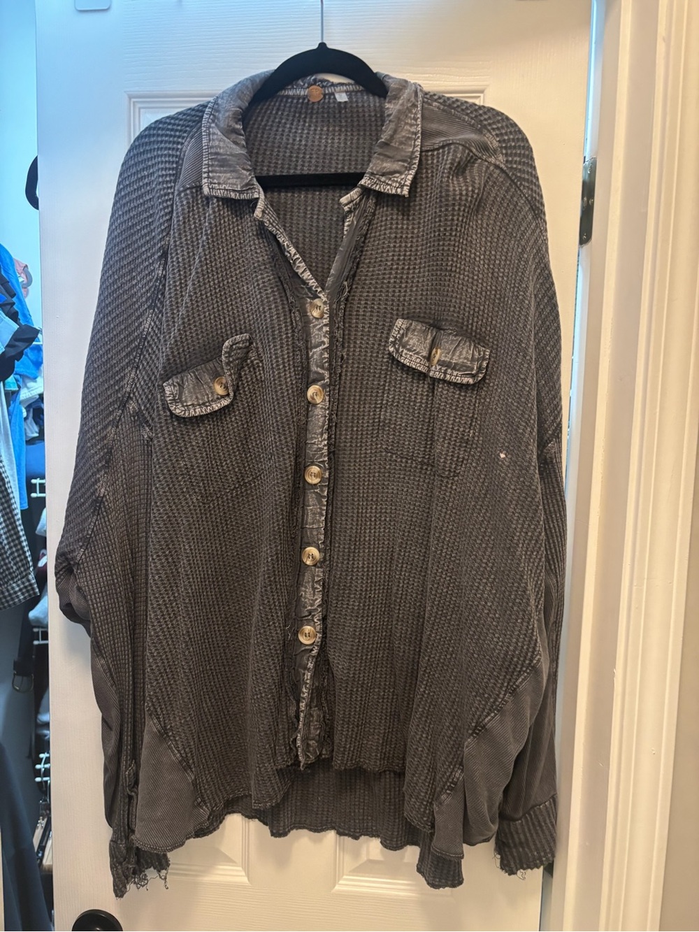 Free People Washed Charcoal Button-Up Waffle Knit Shirt